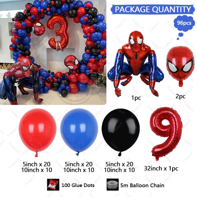 1set Kids Birthday Red Blue Balloons Garland Arch Kit For Party Decors Age 1-9 Spiderman 3D Marvel Foil Balloons Air Globos