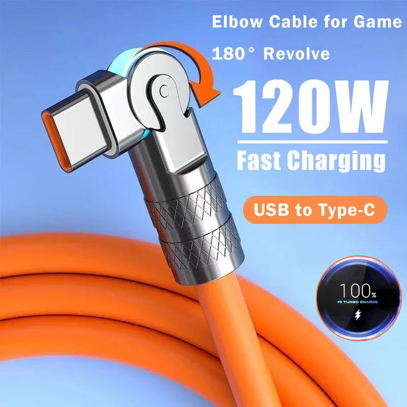 120w 6A Fast Charge Usb Type C Data Cable 180 Degree Rotating Gaming Elbow Cable For Xiaomi Mobile Phone Charger Usb Data Cable